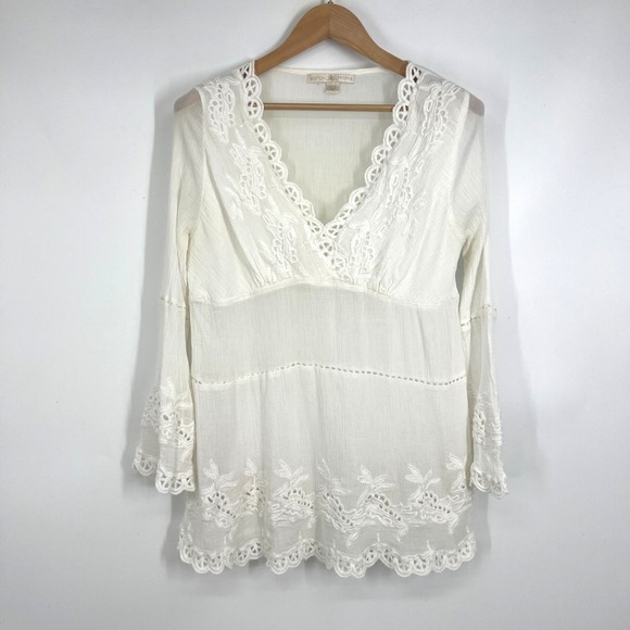 Boston Proper Lace Embroidered Tunic Womens Size M Pure White Cotton Long Sleeve - Picture 1 of 13